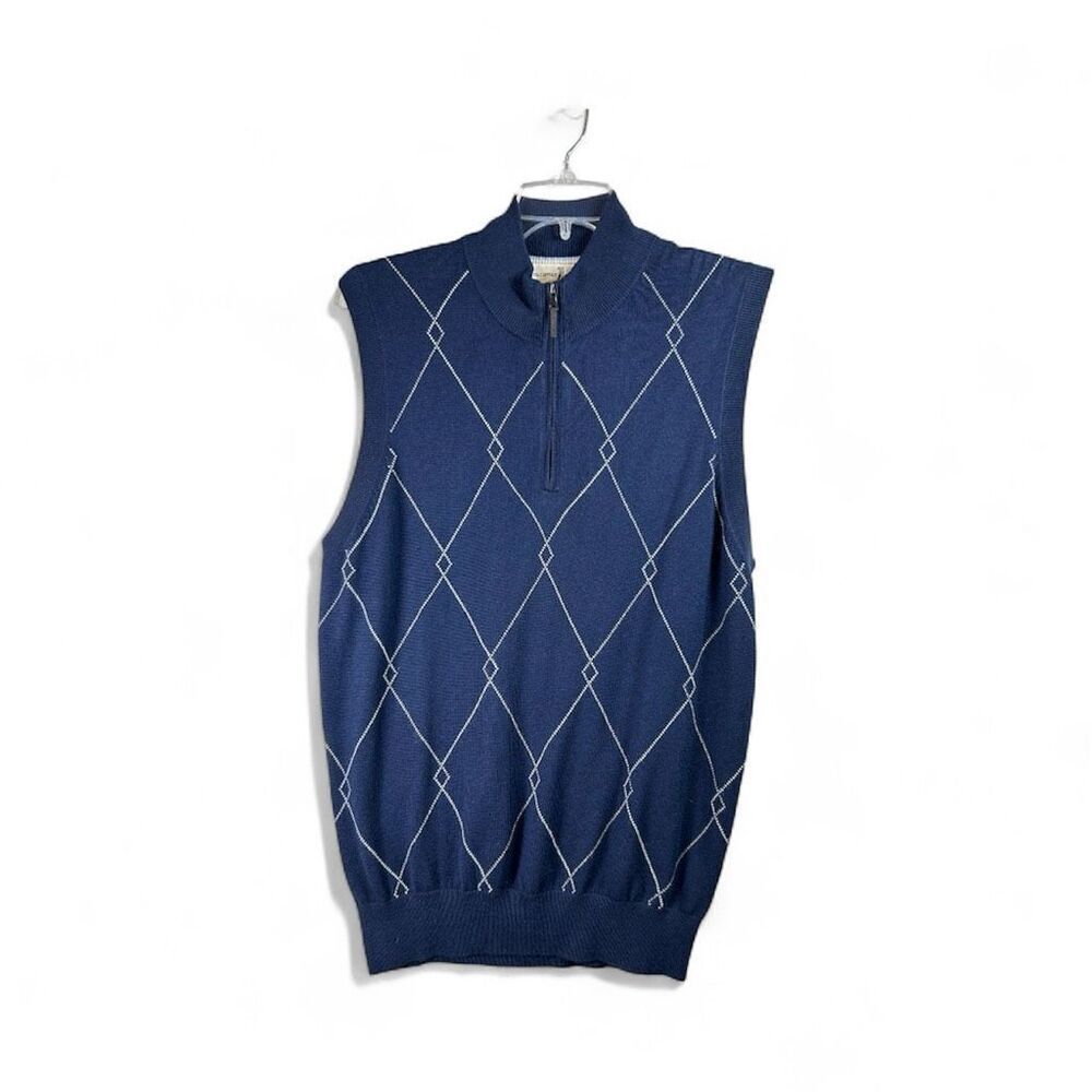 Fairway & Greene Golf Sweater Vest M Argyle Quarter Zip Cashmere Blend Blue